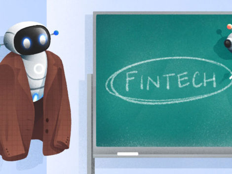 Illustration of robots at chalkboard-Fintech