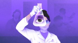 Illustration of lab worker looking through beeker
