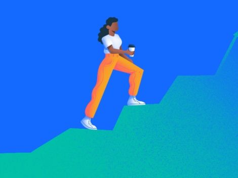 Illustration of Black woman climbing graphic arrow steps