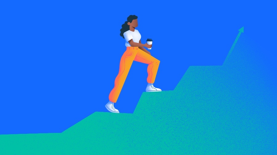 Illustration of Black woman climbing graphic arrow steps