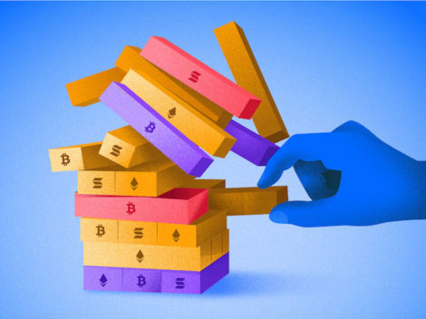 Illustration of collapsing crypto/Jenga.