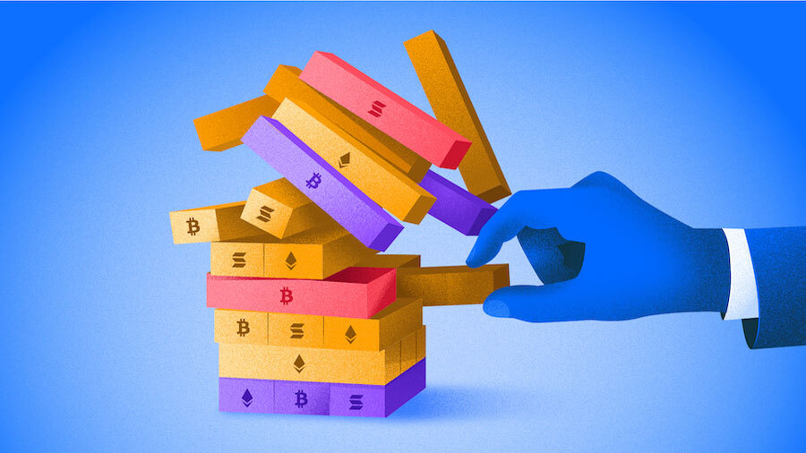 Illustration of collapsing crypto/Jenga.