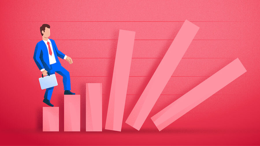 Illustration of businessman climbing falling graph lines-red.