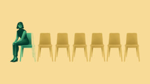 Illustration of woman seated in a row of empty chairs.