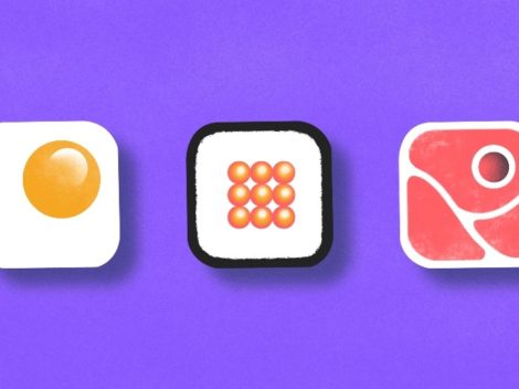 Illustration of cultured-food app icons. Egg, sushi(?) and meat.