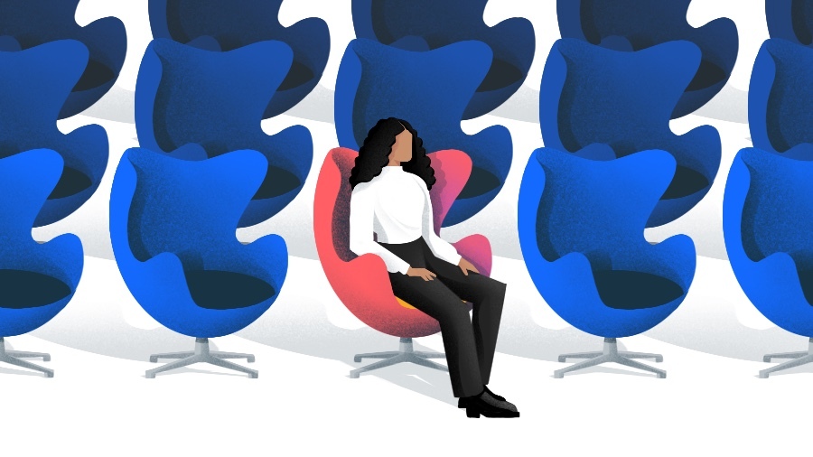 Illustration of lone woman in a group of chairs