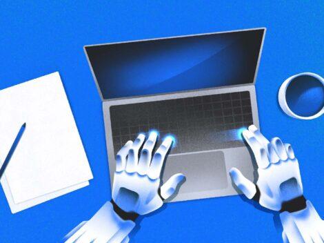 Illustration of a robot typing on a laptop. Generative AI [Dom Guzman]