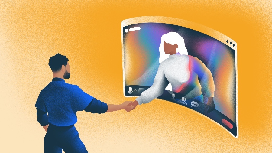 Illustration of man shaking hand of woman on monitor.