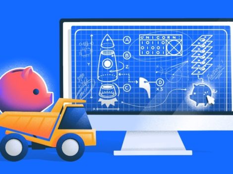 Illustration of piggy bank in back of dump truck looking at schematics on computer.