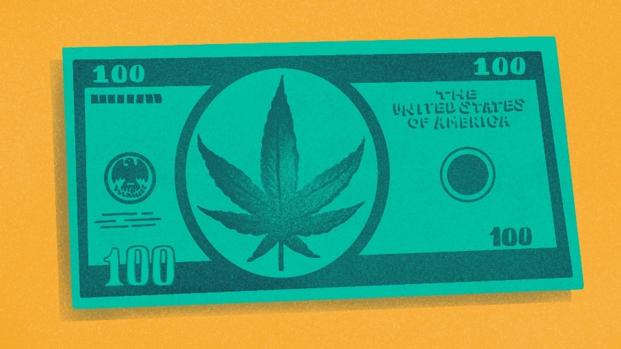 Illustration of $100 bill with Cannabis plant art