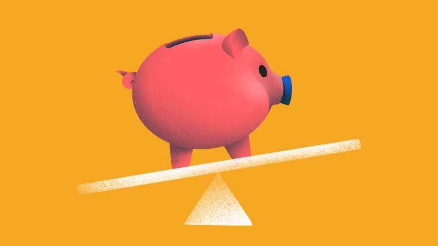 Illustration of a piggy bank on a seesaw without a continent.