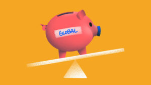 Illustration of Global-labeled piggy bank on an inclined plane.