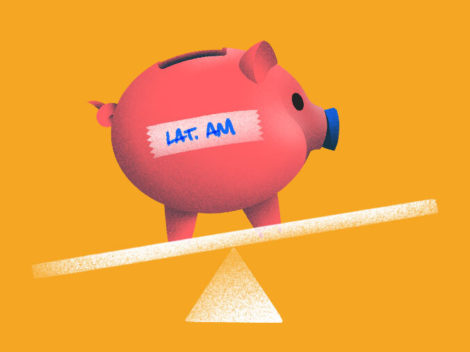 Illustration of LatAm-labeled piggy bank on an inclined plane.