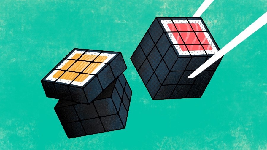 Illustration of cultured sushi in shape of a Rubiks Cube.