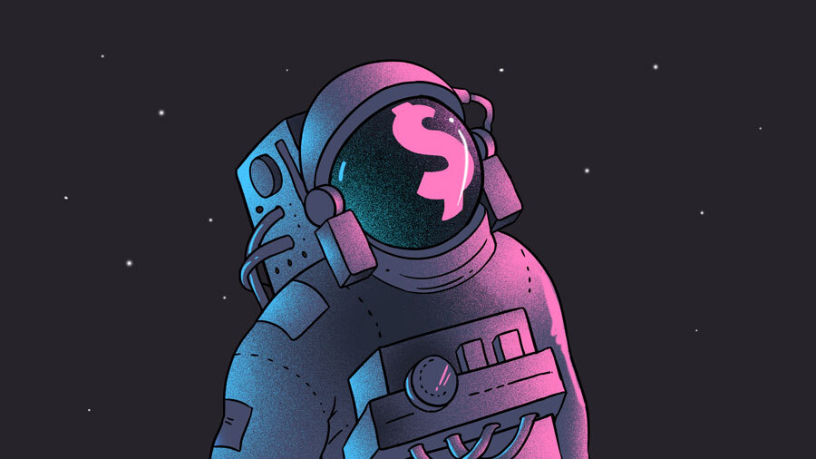 Illustration of astronaut with $ on visor.