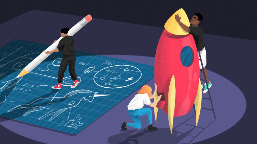 Illustration of people building a rocket ship.