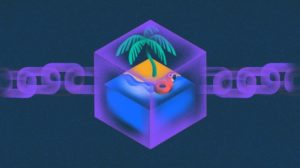 Illustration of blockchain with palm tree and flamingo float.