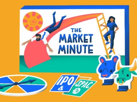 Illustration of a board game in the style of Chutes & Ladders named The Market Minute.