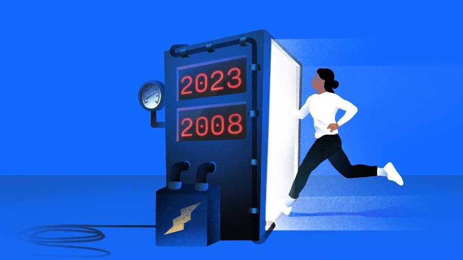 Illustration of woman entering time machine-2023 to 2008.