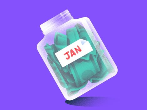 Illustration of a jar labeled Jan full of money.