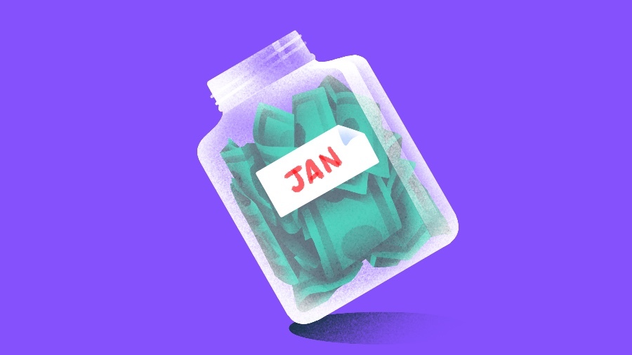 Illustration of a jar labeled Jan full of money.