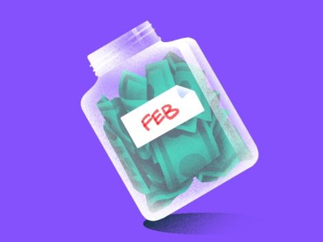 Image of money-filled glass jar labeled Feb.