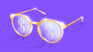 Illustration of eyeglasses with $ in lens