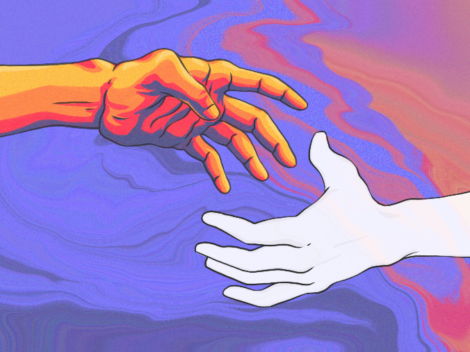 Illustration of hands reaching toward each other.