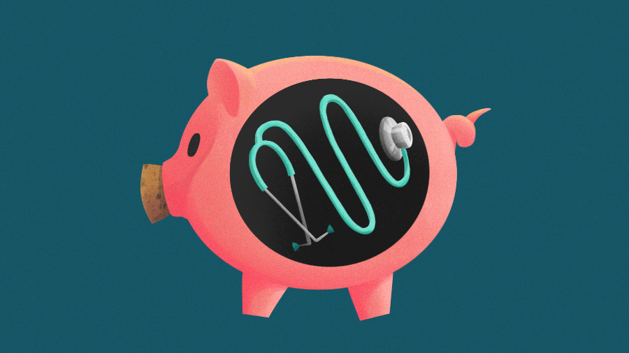 Illustration of piggy bank with stethoscope insides.