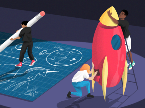 Illustration of people building a rocket ship